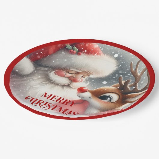Cute Christmas Santa and Rudolph Paper Plates Papieren Bordje (Gekanteld)