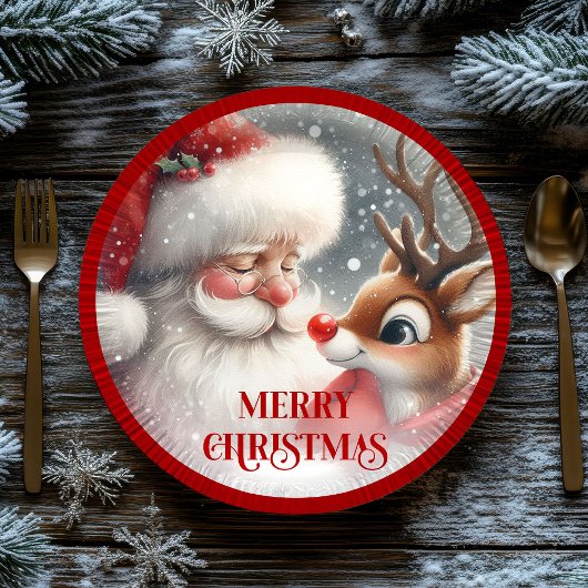 Cute Christmas Santa and Rudolph Paper Plates Papieren Bordje