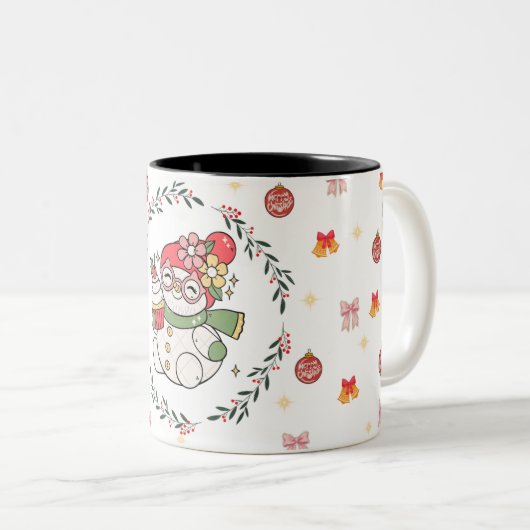 Cute Christmas Snowman Mug with Wreath Tweekleurige Koffiemok (Voorkant rechts)