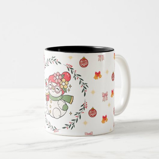 Cute Christmas Snowman Mug with Wreath Tweekleurige Koffiemok (Voorkant rechts)