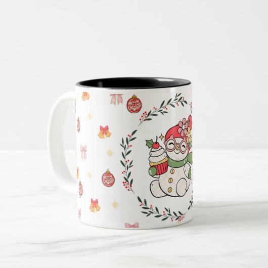 Cute Christmas Snowman Mug with Wreath Tweekleurige Koffiemok (Voorkant links)