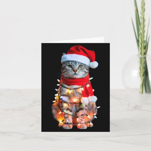 Cute Christmas Tabby Cat In Lights Santa Hat For K Kaart (Voorkant)