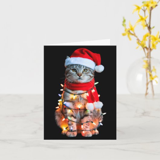 Cute Christmas Tabby Cat In Lights Santa Hat For K Kaart (Gele Bloem)