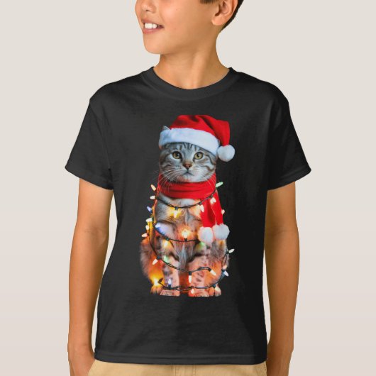 Cute Christmas Tabby Cat In Lights Santa Hat For K T-shirt (Voorkant)