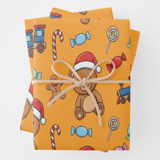 Cute Christmas Teddy Bear and Toy Train Inpakpapier Vel (In situ)