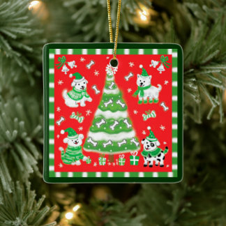 Cute Christmas Tree and Puppy Dogs with Bones Keramisch Ornament