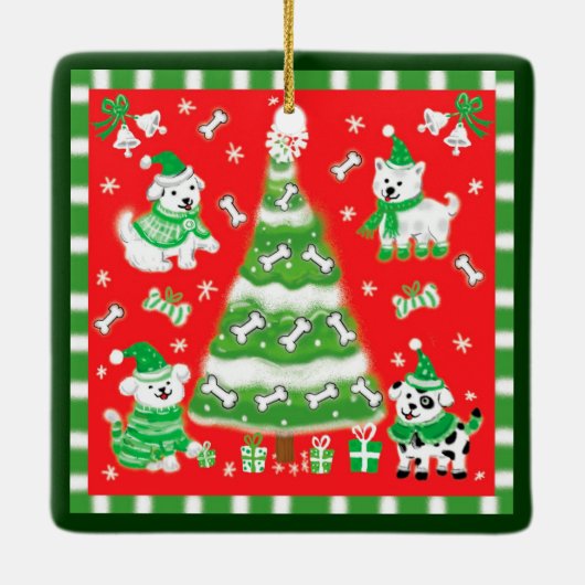 Cute Christmas Tree and Puppy Dogs with Bones Keramisch Ornament (Achterkant)