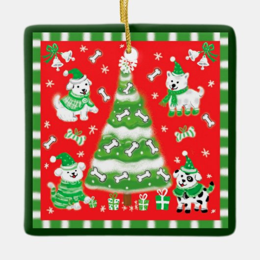 Cute Christmas Tree and Puppy Dogs with Bones Keramisch Ornament (Voorkant)