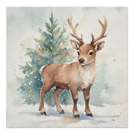 Cute Christmas tree reindeer cozy Holiday Wall Art Perfect Poster