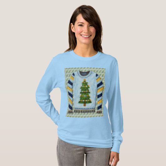 Cute Christmas Tree Ugly Sweater Art on T-Shirt (Voorkant volledig)