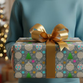 Cute Christmas Trees & Ornaments On Silver Cadeaupapier