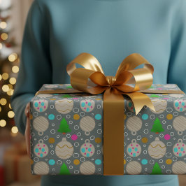 Cute Christmas Trees & Ornaments On Silver Cadeaupapier