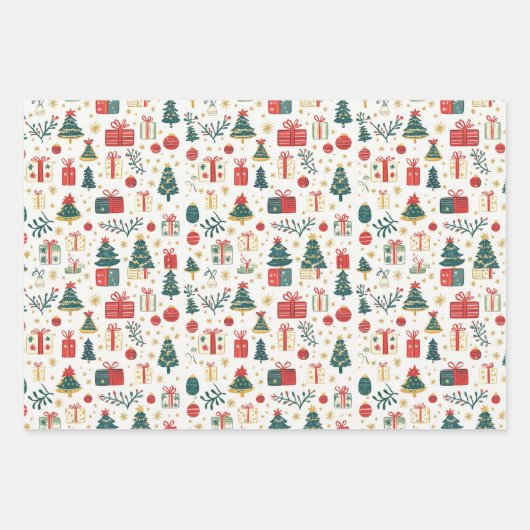 Cute Christmas Trees Presents Retro Pattern Inpakpapier Vel (Voorkant)