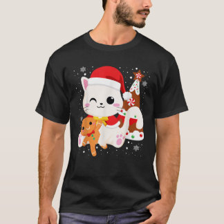 Cute Christmas White Cat Gingerbread Xmas Kittens  T-shirt