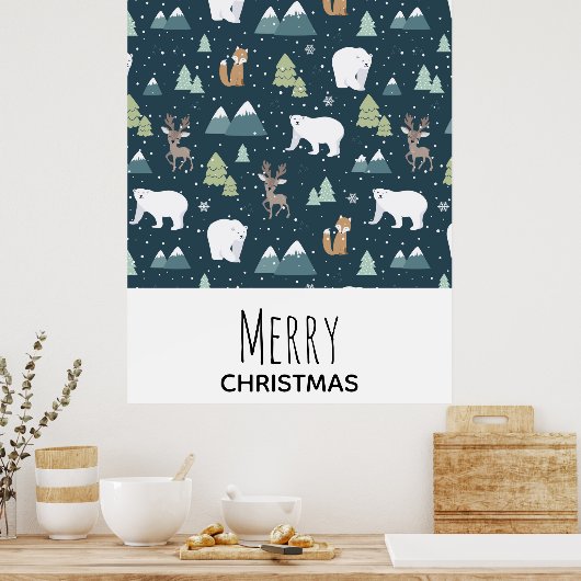 Cute Christmas Winter Animals Rustic Pattern Poster (Keuken)
