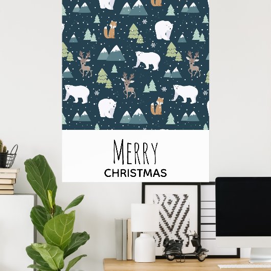 Cute Christmas Winter Animals Rustic Pattern Poster (Thuiskantoor)