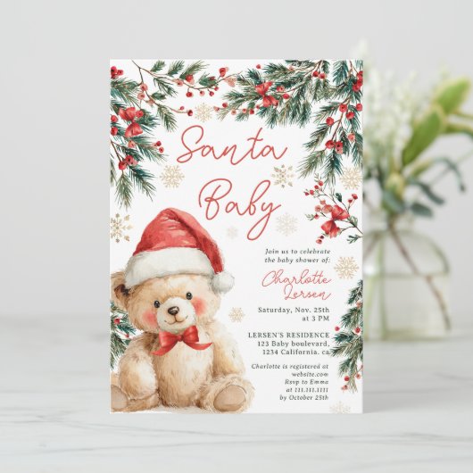 Cute Christmas Winter Teddy Bear Santa Baby Shower Kaart (Staand voorkant)
