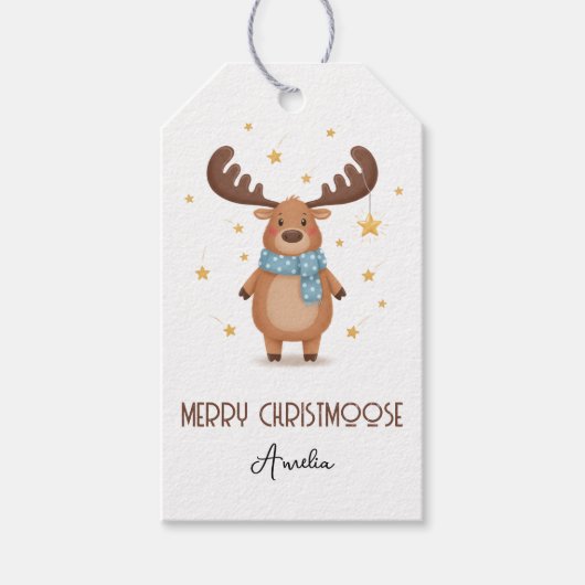 Cute Christmoose Moose with Stars Merry Christmas Cadeaulabel (Voorkant)