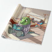 Cute Chubby Cartoon Dinosaur Reading Book Cadeaupapier (Uitgerold)