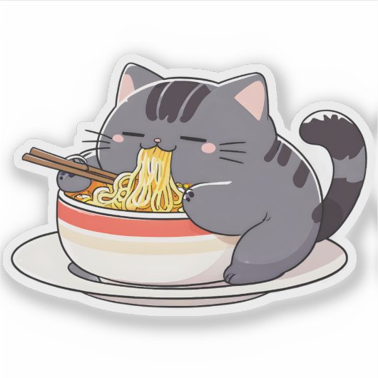 Cute Chubby Cat Enjoying Ramen Noodles Sticker (Voorkant)