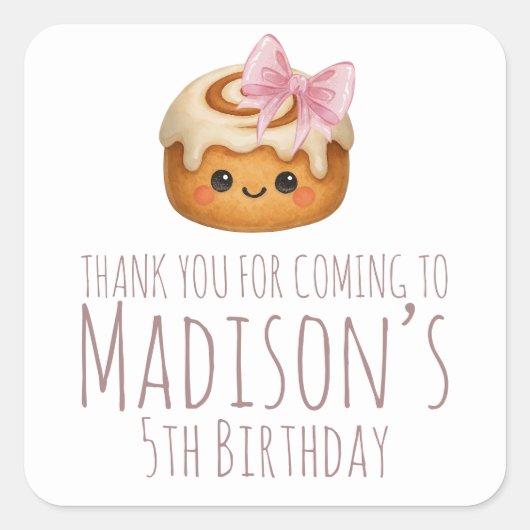 Cute Cinnamon Roll Bun Girl Birthday Party Vierkante Sticker (Voorkant)