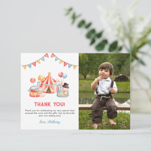 Cute Circus Carnival Fiesta 1e verjaardag Dank u Bedankkaart (Staand voorkant)