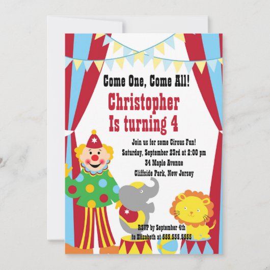 Cute Circus Clown Birthday Party Invitations Kaart (Voorkant)