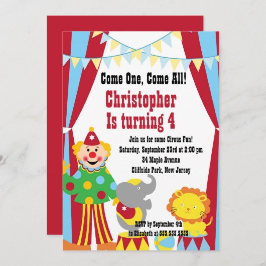 Cute Circus Clown Birthday Party Invitations Kaart (Voorkant / Achterkant)