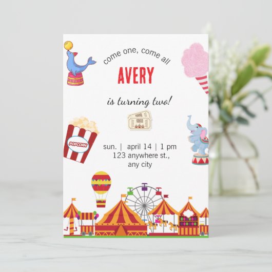 Cute Circus Kermis Festival Verjaardagsuitnodiging Kaart (Staand voorkant)
