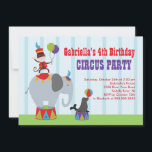 CUTE Circus Kids Birthday Party Invitation Kaart<br><div class="desc">Begin je feest meteen met onze leuke en kleurrijke circus, de uitnodiging van de Birthday Party, met een circusolifant, een aap die ballonnen vasthoudt en een cirkelaar die in een blauwe stripe achtergrond is geplaatst. Op de achterkant van de uitnodiging staan een circustent en een circusclown! Ideaal voor een eerste...</div>