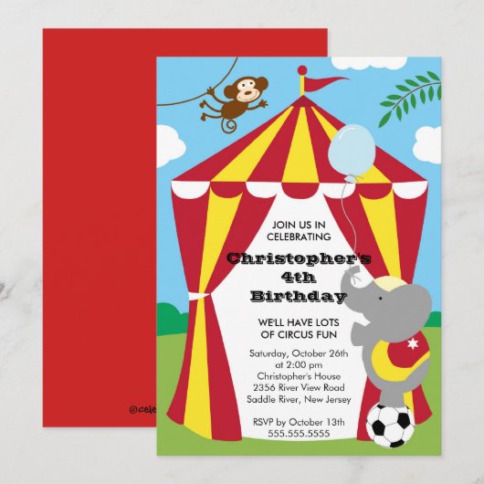 CUTE Circus Kids Birthday Party Invitation Kaart (Voorkant / Achterkant)