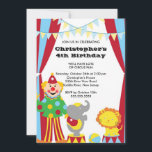 CUTE Circus Kids Birthday Party Invitation Kaart<br><div class="desc">Begin je feest meteen met onze schattige circus leuke uitnodiging van de Birthday Party met de meest gekke clown met een circusolifant en leeuw in een circustent.  Ideaal voor een eerste verjaardag of een verjaardag...  Verander gewoon de verjaardag.  Volledig aanpasbaar door u met uw informatie. ©Babystar Design</div>