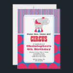 CUTE Circus Kids Birthday Party Invitation Kaart<br><div class="desc">Begin je feest meteen met onze schattige circus leuke uitnodiging van de Birthday Party met de meest recente circusolifant die op een blauwe en rode poka stipachtergrond is geplaatst.  Ideaal voor een eerste verjaardag of een verjaardag...  Verander gewoon de verjaardag.  Volledig aanpasbaar door u met uw informatie. ©Babystar Design</div>
