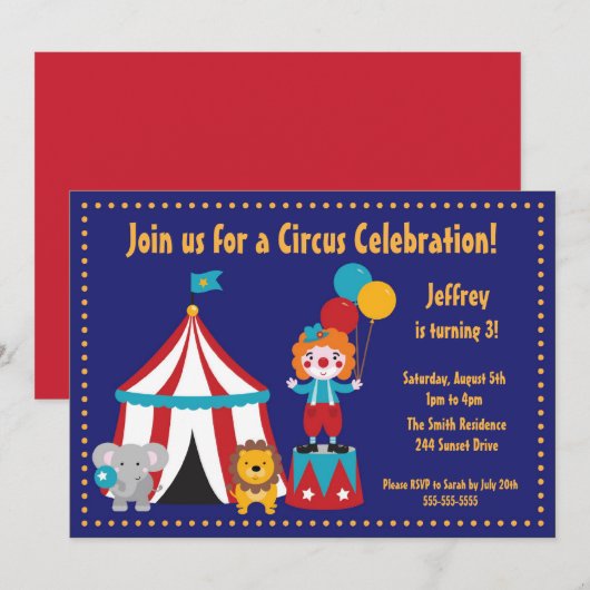 Cute Circus Kind Birthday Invitation Kaart (Voorkant / Achterkant)