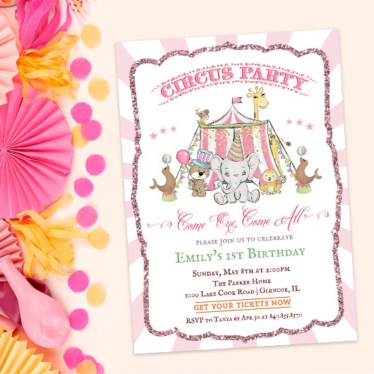 Cute Circus Roze Baby Shower Uitnodiging