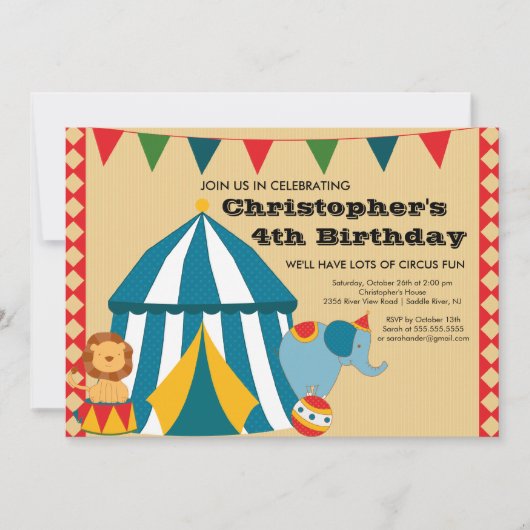 CUTE Circus Tent Birthday Party Invitation Kaart (Voorkant)