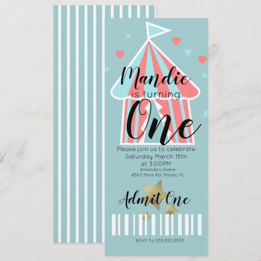 Cute Circus Tent First Birthday Ticket Kaart (Voorkant / Achterkant)