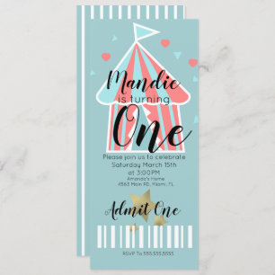 Cute Circus Tent First Birthday Ticket Kaart