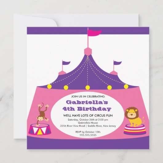 CUTE Circus Tent Kids Birthday Party Invitation Kaart (Voorkant)