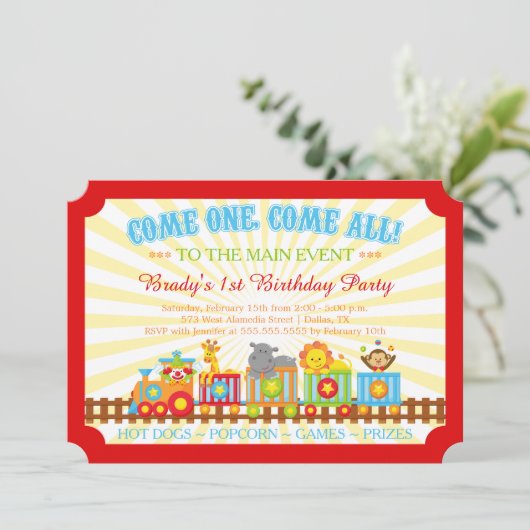 Cute circus treinfeest uitnodiging (Staand voorkant)