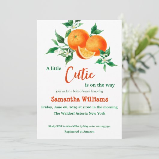 Cute Citrus Little Cutie Oranje Baby shower Kaart (Staand voorkant)