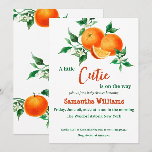 Cute Citrus Little Cutie Oranje Baby shower Kaart (Voorkant / Achterkant)