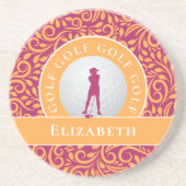 Cute Classic Golfer Silhouette Name Pink Oranje Zandsteen Onderzetter (Voorkant)