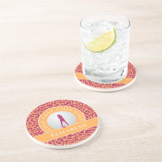 Cute Classic Golfer Silhouette Name Pink Oranje Zandsteen Onderzetter (Zijkant)