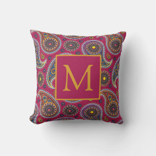 Cute Classic Paisley Red Yellow Monogram Buitenkussen