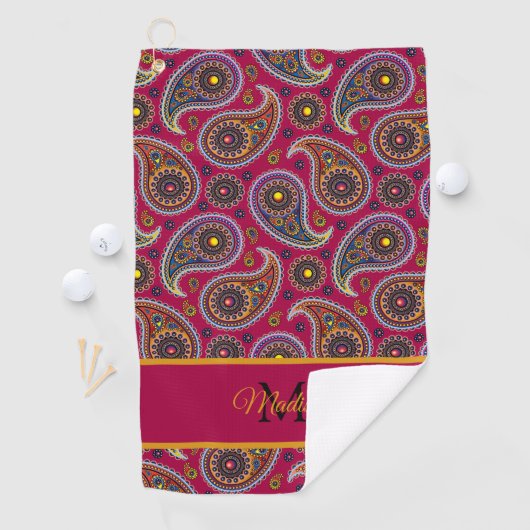Cute Classic Paisley Red Yellow Monogram Golfhanddoek (Insitu)