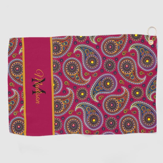 Cute Classic Paisley Red Yellow Monogram Golfhanddoek (Horizontaal)