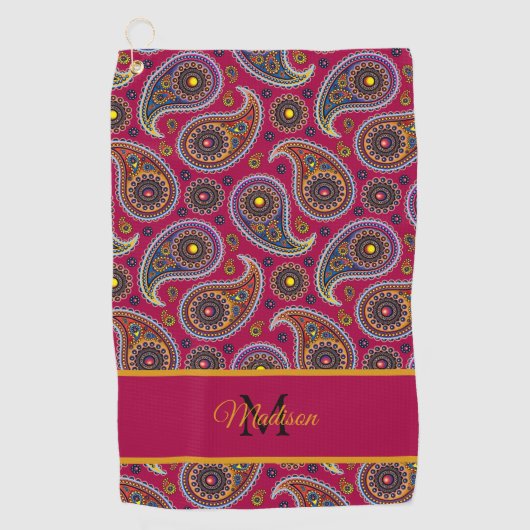 Cute Classic Paisley Red Yellow Monogram Golfhanddoek (Voorkant)