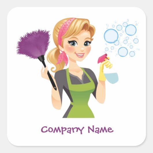 Cute Cleaning Cartoon Housekeeping Maid Service Vierkante Sticker (Voorkant)