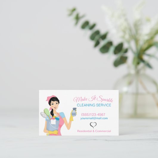 Cute Cleaning Maid Pink Dot Visitekaartje (Staand voorkant)